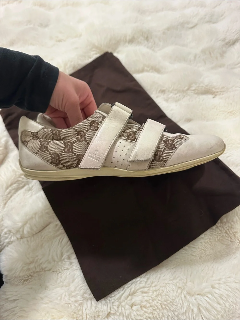 Gucci GG Canvas & White Leather Double Strap Sneakers 39.5 Authentic + Dust Bag